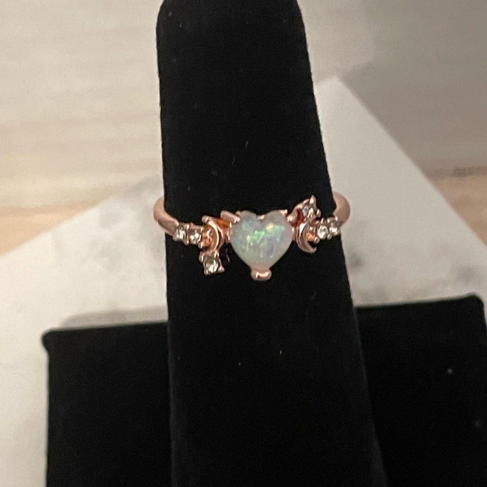 Delicate Opal Heart Ring with CZ Accents -Size 6